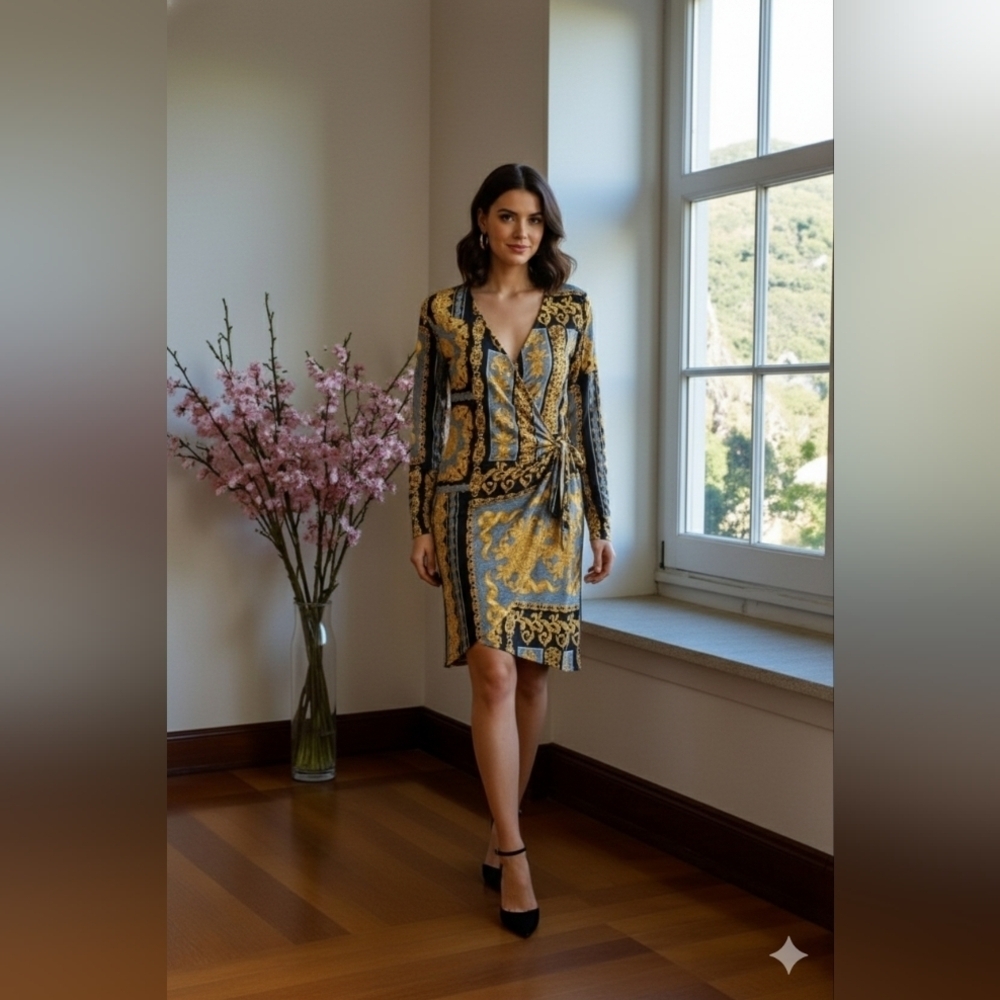 Timing Chic Black and Gold Long Sleeve Wrap Dress (New)